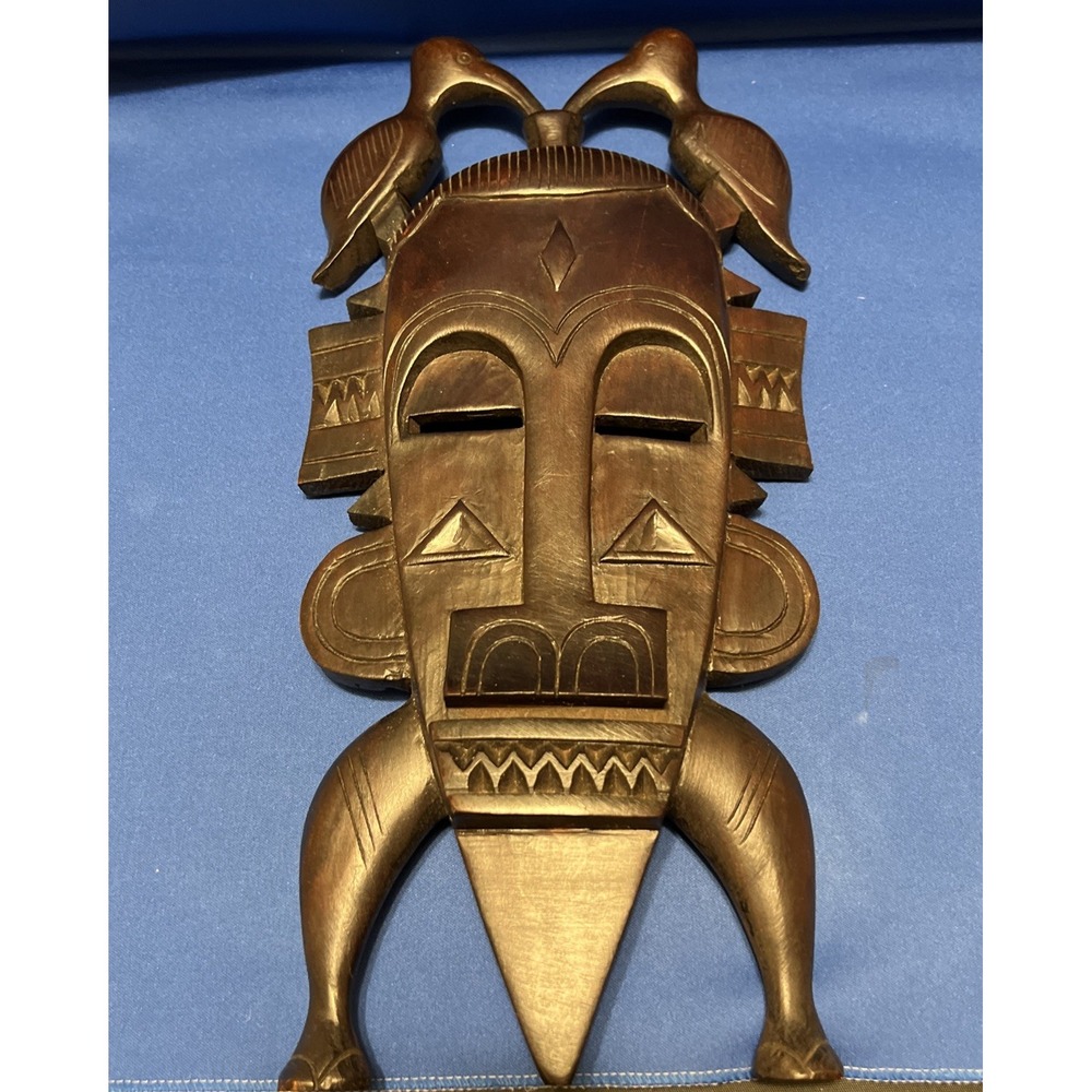 Vtg Hand Carved African Tribal Senufo Kpelie Mask Wood 16x7" Hornbills Rare READ